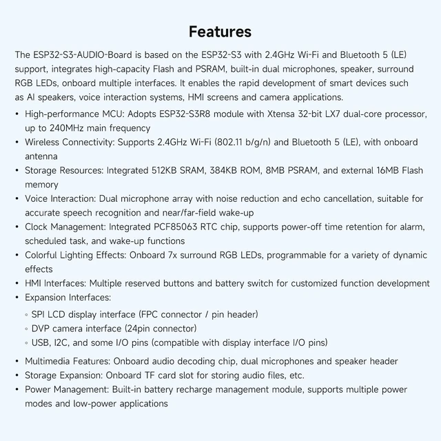 Alt view image 5 of 7 - ESP32-S3 AI Smart Speaker Development Board, Dual Microphones, Noise Reduction, RGB Lighting, External Display & Camera Support
