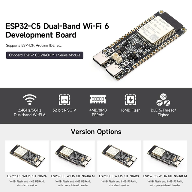 Alt view image 3 of 7 - ESP32-C5-Dual-Band Wi-Fi 6 IoT Gateway Dev Board with RISC-V Processor, BLE 5, 240MHz CPU, 384KB Static Ram, 16MB Flash, 8MB PS-RAM and Multi-Protocol Support for Smart Homes,Without Header