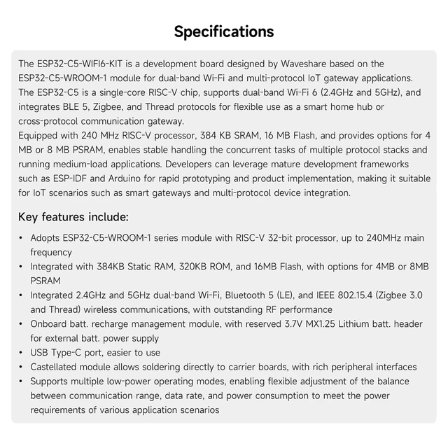 Alt view image 4 of 7 - ESP32-C5-Dual-Band Wi-Fi 6 IoT Gateway Dev Board with RISC-V Processor, BLE 5, 240MHz CPU, 384KB Static Ram, 16MB Flash, 8MB PS-RAM and Multi-Protocol Support for Smart Homes,Without Header
