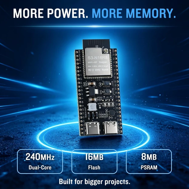 Alt view image 2 of 7 - ESP32-S3 N16R8 Development Board Kit, 16MB Flash 8MB PSRAM, Dual USB-C, GPIO LED Debug Shield with Dual 2.54mm Headers, External IPEX-to-SMA Antenna, WiFi Bluetooth 5 LE