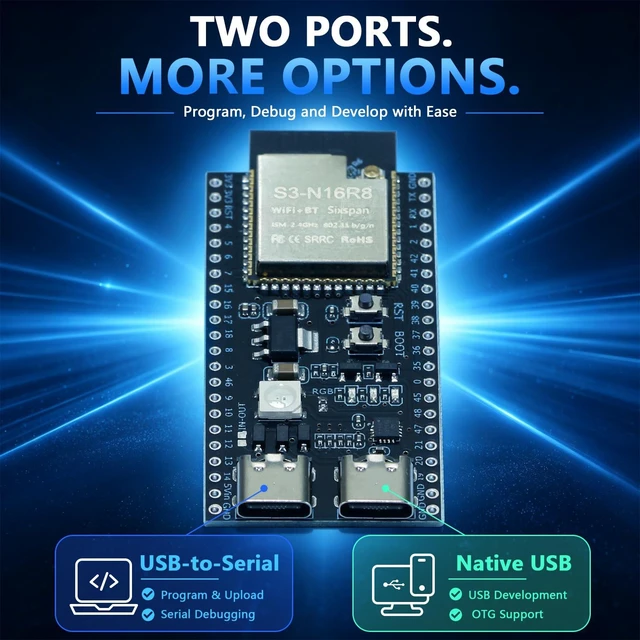 Alt view image 3 of 7 - ESP32-S3 N16R8 Development Board Kit, 16MB Flash 8MB PSRAM, Dual USB-C, GPIO LED Debug Shield with Dual 2.54mm Headers, External IPEX-to-SMA Antenna, WiFi Bluetooth 5 LE