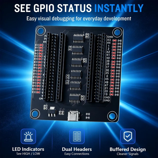 Alt view image 4 of 7 - ESP32-S3 N16R8 Development Board Kit, 16MB Flash 8MB PSRAM, Dual USB-C, GPIO LED Debug Shield with Dual 2.54mm Headers, External IPEX-to-SMA Antenna, WiFi Bluetooth 5 LE
