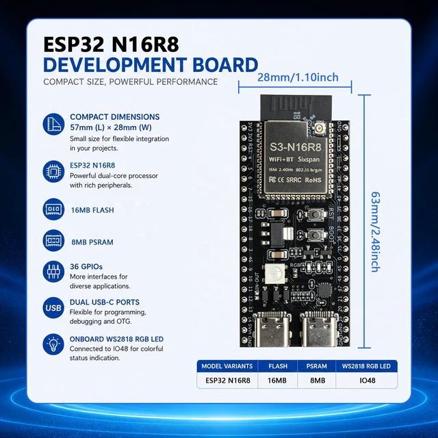 Alt view image 6 of 7 - ESP32-S3 N16R8 Development Board Kit, 16MB Flash 8MB PSRAM, Dual USB-C, GPIO LED Debug Shield with Dual 2.54mm Headers, External IPEX-to-SMA Antenna, WiFi Bluetooth 5 LE