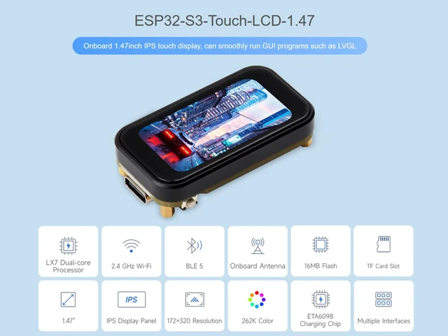 Alt view image 2 of 7 - ESP32-S3 Development Board with 1.47inch Touch LCD Display, 172×320 Pixels 262K Color IPS Touch Screen, Support 2.4GHz WiFi & Bluetooth 5, Dual-core Processor up to 240MHz Frequency