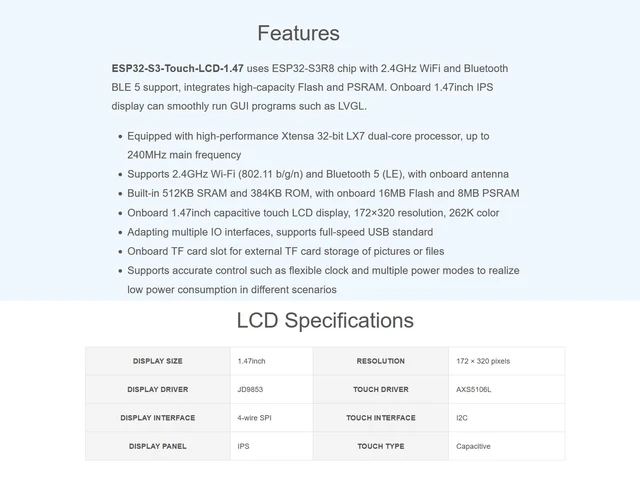 Alt view image 5 of 7 - ESP32-S3 Development Board with 1.47inch Touch LCD Display, 172×320 Pixels 262K Color IPS Touch Screen, Support 2.4GHz WiFi & Bluetooth 5, Dual-core Processor up to 240MHz Frequency
