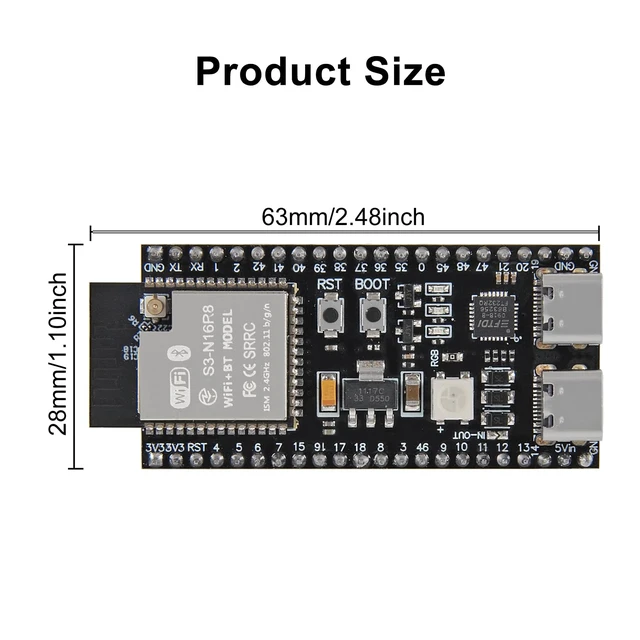 Alt view image 4 of 7 - 2Pack ESP32-S3 Type-C Development Board N16R8 MCU with Dual-Mode Wi-Fi Bluetooth with Antenna Base Compatible with Arduino IoT ESP32-S3-WROOM-1