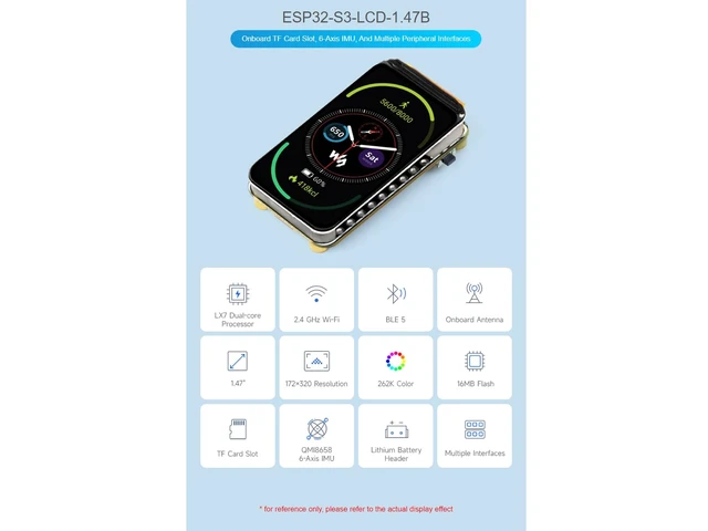Alt view image 2 of 7 - ESP32-S3 1.47inch LCD Display Development Board Type B,262K Color Display | 172×320 Resolution Screen,16MB Flash,8MB PSRAM,Supports 2.4GHz Wi-Fi and BLE 5, Run GUI programs LVGL