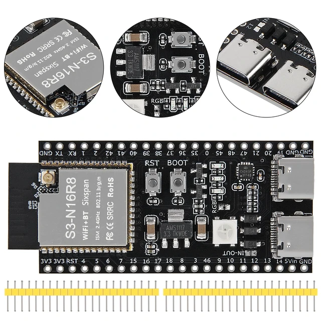 Alt view image 3 of 6 - 3Set ESP32 S3 N16R8 Development Board Type-C WiFi+Bluetooth Internet of Things ESP32-S3 Dual Type-C Core Board ESP32-S3-DevKit with Antenna + IPEX - Unwelded