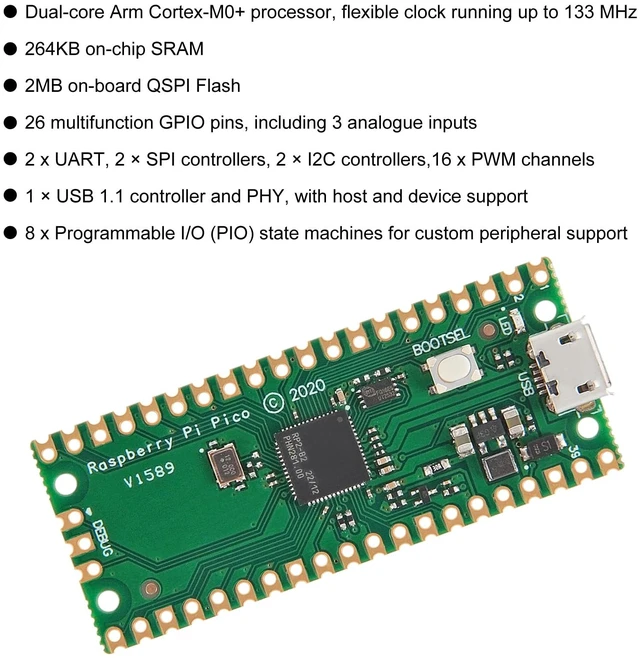 Alt view image 5 of 7 - 5Pcs RP2040 Dual-Core Cortex M0+ Processor for Raspberry Pi Pico Development Board 2MB Flash Supports C/C++/Python SPI/I2C/UART Interfaces