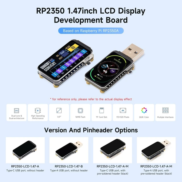 Alt view image 3 of 6 - RP2350 1.47inch Display Development Board, 172×320, 262K Color, RP2350 Dual-core Microcontroller, 150MHz, with Colorful RGB LED, Type-C USB Port, with Header