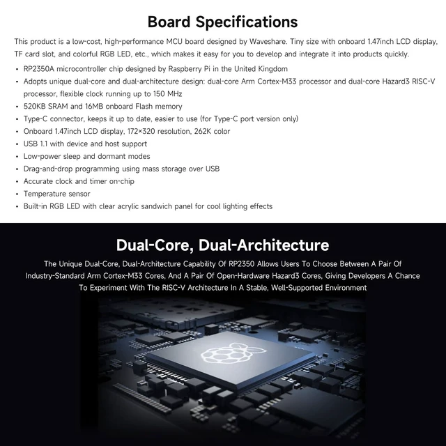 Alt view image 4 of 6 - RP2350 1.47inch Display Development Board, 172×320, 262K Color, RP2350 Dual-core Microcontroller, 150MHz, with Colorful RGB LED, Type-C USB Port, with Header