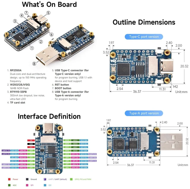 Alt view image 6 of 6 - RP2350 1.47inch Display Development Board, 172×320, 262K Color, RP2350 Dual-core Microcontroller, 150MHz, with Colorful RGB LED, Type-C USB Port, with Header