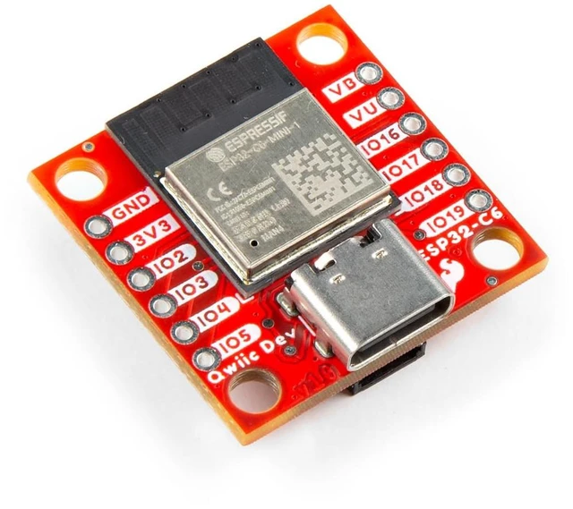 Main image of Qwiic Pocket Development Board - ESP32-C6 Mini-1 Module, Including a USB-C Connector, Qwiic Connector, 2-pin JST Battery Connector, Board Dimensions: (Inches) 1" x 1"