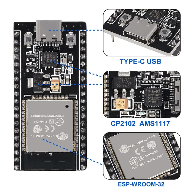 Alt view image 5 of 7 - 6-Pack ESP32 WROOM Development Board, Type-C, CP2102 Chip | 38-pin narrow expansion breakout shield, 2.4GHz WiFi Bluetooth dual-core, for smart home IoT prototyping