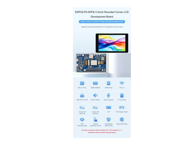 Alt view image 2 of 7 - ESP32-P4-WIFI6 4.3inch LCD Development Board with 5MP OV5647 Camera | 480×800 Resolution 5-Point Capacitive Touch Display,Based on ESP32-P4 and ESP32-C6,Supports AI Speech Interaction