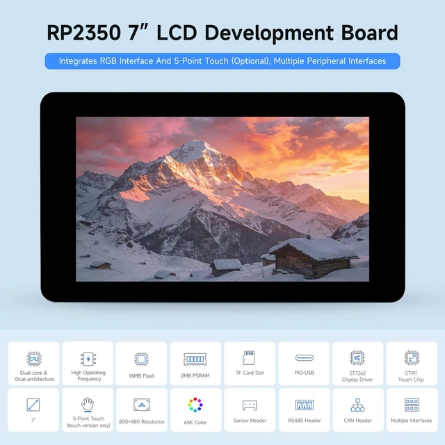 Alt view image 3 of 7 - RP2350 7inch LCD Development Board, 800 × 480 Resolution, 65K Color, Supports Dual-core and Dual-Architecture,Without Touch Control