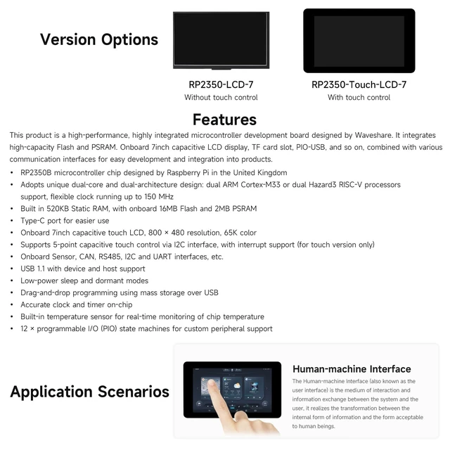 Alt view image 4 of 7 - RP2350 7inch LCD Development Board, 800 × 480 Resolution, 65K Color, Supports Dual-core and Dual-Architecture,Without Touch Control