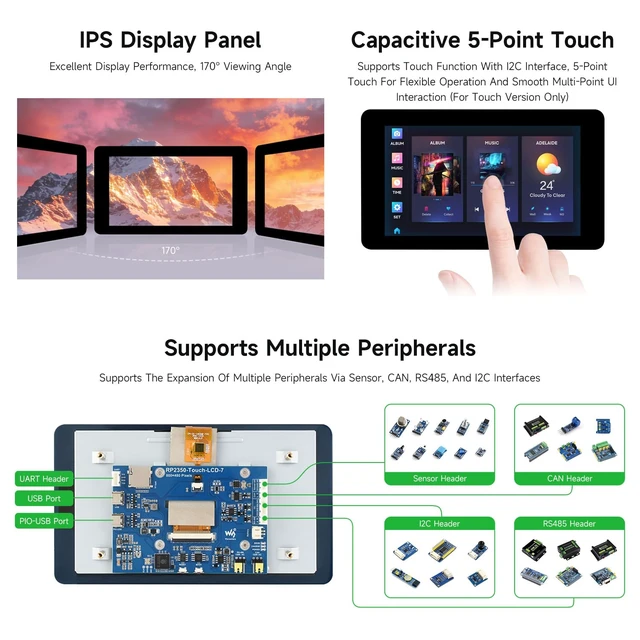 Alt view image 5 of 7 - RP2350 7inch LCD Development Board, 800 × 480 Resolution, 65K Color, Supports Dual-core and Dual-Architecture,Without Touch Control