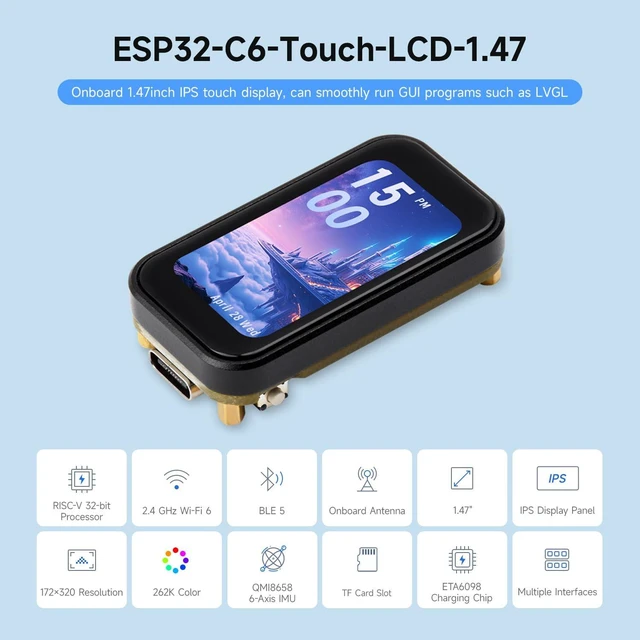 Alt view image 3 of 7 - ESP32-C6 1.47inch Touch Display Development Board, 172×320 Resolution, 262K Display Color, Supports Wi-Fi 6 / BLE 5, 160MHz RISC-V Processor