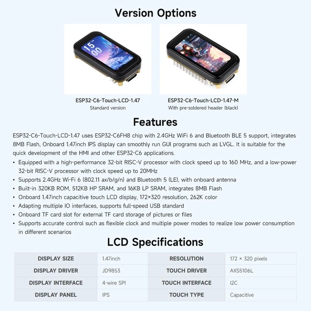 Alt view image 4 of 7 - ESP32-C6 1.47inch Touch Display Development Board, 172×320 Resolution, 262K Display Color, Supports Wi-Fi 6 / BLE 5, 160MHz RISC-V Processor