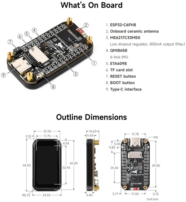 Alt view image 7 of 7 - ESP32-C6 1.47inch Touch Display Development Board, 172×320 Resolution, 262K Display Color, Supports Wi-Fi 6 / BLE 5, 160MHz RISC-V Processor