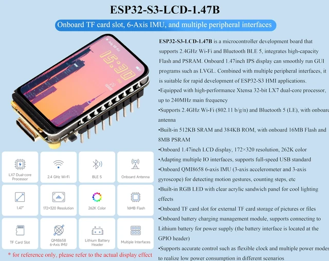 Alt view image 2 of 7 - ESP32-S3 1.47inch LCD Display Development Board with Pre-Soldered Header, 172x320 Resolution, 262K Display Color, Supports 2.4GHz Wi-Fi/BLE 5, 240MHz LX7 Dual-Core Processor, ESP32 with Display