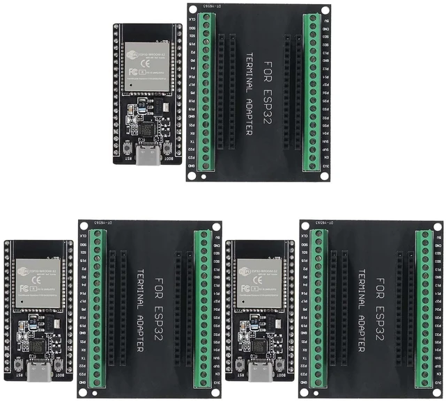 Main image of 3-Pack ESP32 Development Board with Breakout Shield, Type-C, 38-Pin | Solderless screw terminals, 2.4GHz WiFi Bluetooth dual-core module, for smart home IoT prototyping