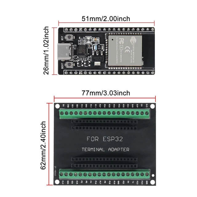 Alt view image 3 of 7 - 3-Pack ESP32 Development Board with Breakout Shield, Type-C, 38-Pin | Solderless screw terminals, 2.4GHz WiFi Bluetooth dual-core module, for smart home IoT prototyping