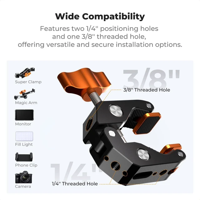 Alt view image 3 of 7 - K&F CONCEPT Camera Mount Clamp, Super Crab Clamp Rotatable Clamping Block | 1/4" and 3/8" Thread Holes for Round Pipe Flat Surface, Camera Mounts, and Other Photographic Accessories, MS65