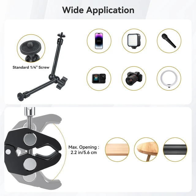 Alt view image 5 of 7 - 13'' Magic Arm Camera Mount 360° Rotation 2-Sections Foldable Tabletop Holder with C-Clamp Overhead Camera Mount with 1/4" & 3/8" Screw Hole for DSLR, Digicam, Webcam, Microphone
