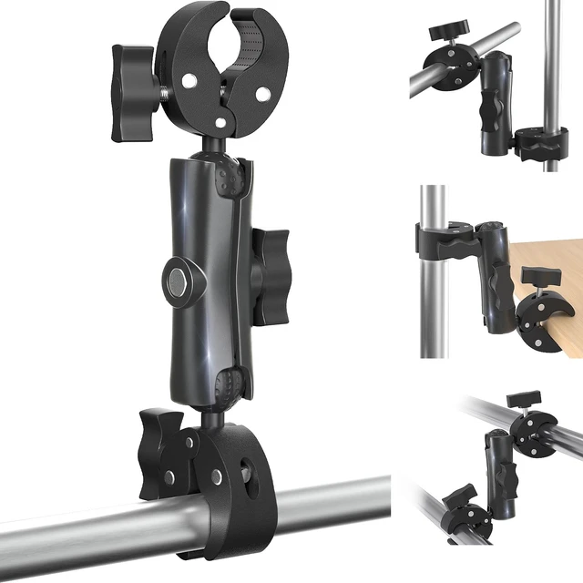 Main image of Double Super Clamp Mount Umbrella Camera Pole Clamp Holder Aolly Arm,Heavy Duty Camera Pole Clamp,360° Adjustable Ball Head for Umbrella,Chair,Wheelchair,Stroller,Photo Studio Light Stand,Reflector