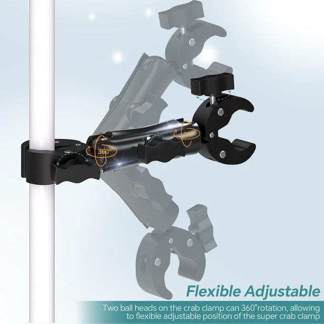 Alt view image 2 of 7 - Double Super Clamp Mount Umbrella Camera Pole Clamp Holder Aolly Arm,Heavy Duty Camera Pole Clamp,360° Adjustable Ball Head for Umbrella,Chair,Wheelchair,Stroller,Photo Studio Light Stand,Reflector