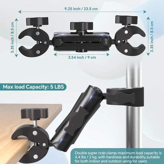 Alt view image 7 of 7 - Double Super Clamp Mount Umbrella Camera Pole Clamp Holder Aolly Arm,Heavy Duty Camera Pole Clamp,360° Adjustable Ball Head for Umbrella,Chair,Wheelchair,Stroller,Photo Studio Light Stand,Reflector