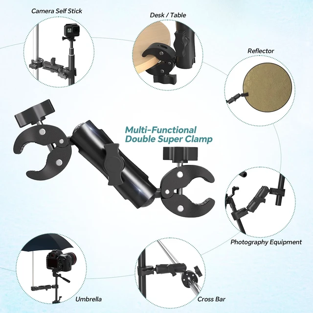 Alt view image 6 of 7 - Double Super Clamp Mount Umbrella Camera Pole Clamp Holder Aolly Arm,Heavy Duty Camera Pole Clamp,360° Adjustable Ball Head for Umbrella,Chair,Wheelchair,Stroller,Photo Studio Light Stand,Reflector