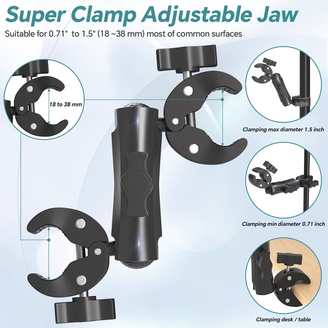 Alt view image 5 of 7 - Double Super Clamp Mount Umbrella Camera Pole Clamp Holder Aolly Arm,Heavy Duty Camera Pole Clamp,360° Adjustable Ball Head for Umbrella,Chair,Wheelchair,Stroller,Photo Studio Light Stand,Reflector