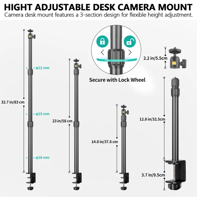 Alt view image 4 of 7 - Camera Desk Mount Table Stand with Ball Head, Adjustable Light Stand with 1/4" Screw & C Clamp for DSLR Camera, Ring Light, Live Streaming, Photo Video Shooting