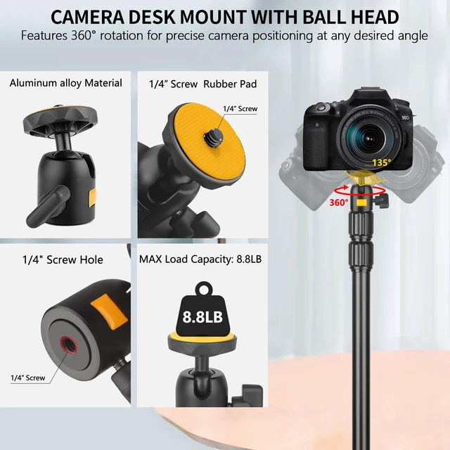 Alt view image 5 of 7 - Camera Desk Mount Table Stand with Ball Head, Adjustable Light Stand with 1/4" Screw & C Clamp for DSLR Camera, Ring Light, Live Streaming, Photo Video Shooting