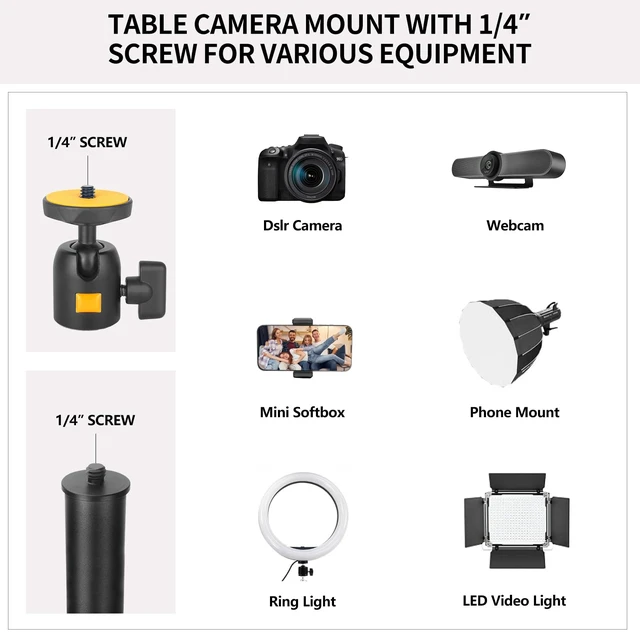 Alt view image 6 of 7 - Camera Desk Mount Table Stand with Ball Head, Adjustable Light Stand with 1/4" Screw & C Clamp for DSLR Camera, Ring Light, Live Streaming, Photo Video Shooting