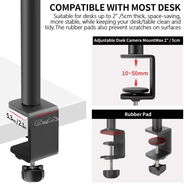 Alt view image 7 of 7 - Camera Desk Mount Table Stand with Ball Head, Adjustable Light Stand with 1/4" Screw & C Clamp for DSLR Camera, Ring Light, Live Streaming, Photo Video Shooting