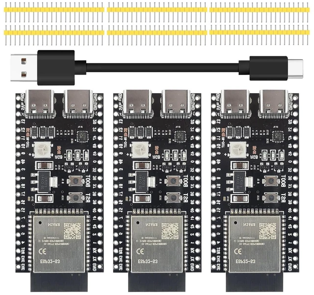 Main image of 3-Pack ESP32-S3 DevKit Board, N16R8, 44-Pin, WiFi BT | ESP32-S3-WROOM-1 module, 8MB PSRAM, dual-side I/O breakout, includes Type-C cable, for IoT projects