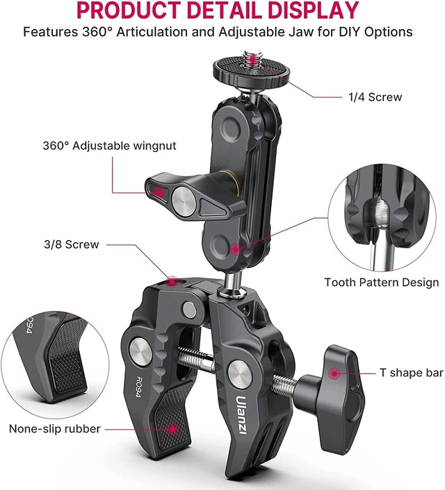Alt view image 3 of 7 - Super Clamp Camera Clamp Mount Monitor 360° Ballhead Magic Arm Double Ball Head Adapter with 1/4"-20 & 3/8"-16 Thread for Canon Nikon DSLR Camera/Gopro/LED Lights/Ronin-M/Ronin MX/Freefly MOVI
