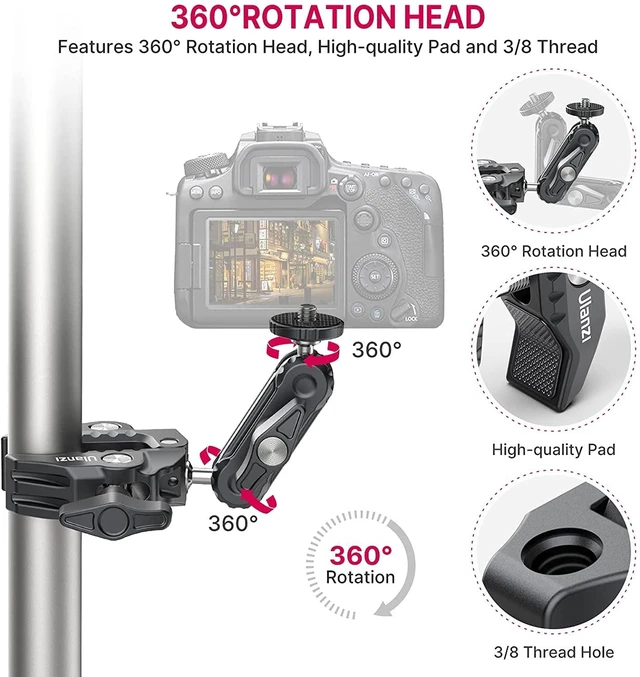 Alt view image 4 of 7 - Super Clamp Camera Clamp Mount Monitor 360° Ballhead Magic Arm Double Ball Head Adapter with 1/4"-20 & 3/8"-16 Thread for Canon Nikon DSLR Camera/Gopro/LED Lights/Ronin-M/Ronin MX/Freefly MOVI