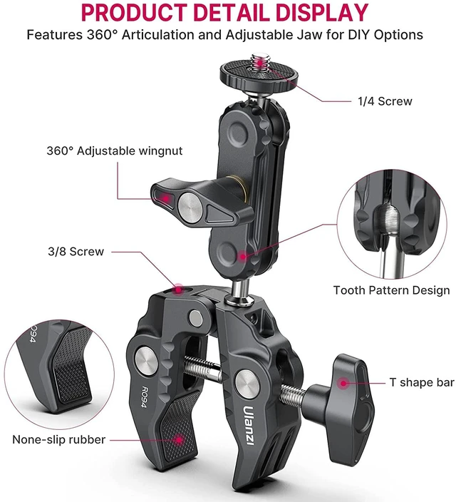 Alt view image 4 of 7 - Super Clamp Camera Clamp Mount Monitor 360° Ballhead MagicArm Double | Ball Head Adapter with 1/4"-20 & 3/8"-16 Thread ST-07 Phone Tripod Mount