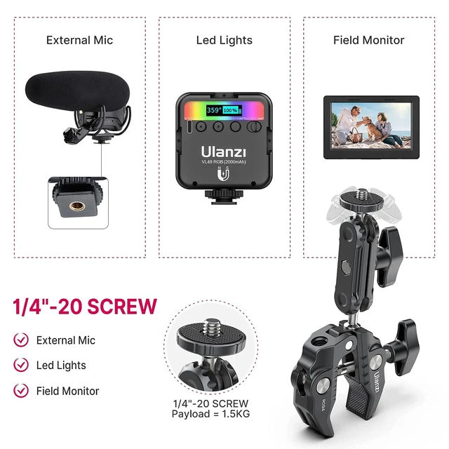 Alt view image 7 of 7 - Super Clamp Camera Clamp Mount Monitor 360° Ballhead MagicArm Double | Ball Head Adapter with 1/4"-20 & 3/8"-16 Thread ST-07 Phone Tripod Mount