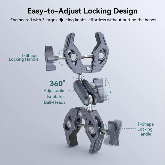 Alt view image 7 of 7 - Super Clamp Arm, Double Clamp Mount | Max Load Capacity 3.5 kg, for Chair, Pole, Tripod, C Stand, Handlebar