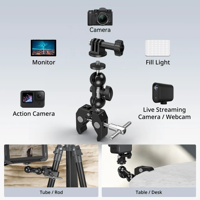 Alt view image 2 of 7 - Super Clamp Mount 2-Pack, Double Ball Head Magic Arm for Camera | Clamp for Fences, Desks, Tripods, for Monitors, Lights, Action Cameras