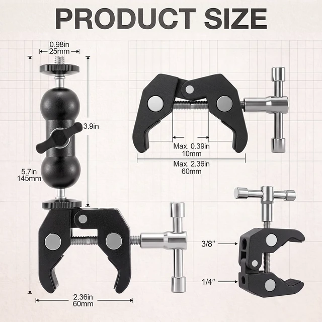 Alt view image 2 of 6 - 4 Pack Camera Mount Clamp with Ball Head Magic Arm, Single Clamp | 360° Adjustable, Dual Ball, Heavy Duty Super Clamps Mount Kit for DSLR Monitor LED Light Microphone, 1/4" and 3/8" Thread