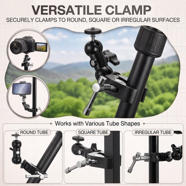 Alt view image 3 of 6 - 4 Pack Camera Mount Clamp with Ball Head Magic Arm, Single Clamp | 360° Adjustable, Dual Ball, Heavy Duty Super Clamps Mount Kit for DSLR Monitor LED Light Microphone, 1/4" and 3/8" Thread