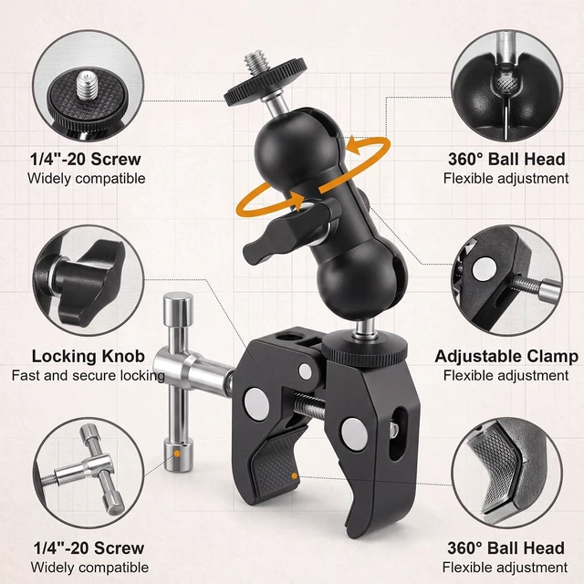 Alt view image 4 of 6 - 4 Pack Camera Mount Clamp with Ball Head Magic Arm, Single Clamp | 360° Adjustable, Dual Ball, Heavy Duty Super Clamps Mount Kit for DSLR Monitor LED Light Microphone, 1/4" and 3/8" Thread