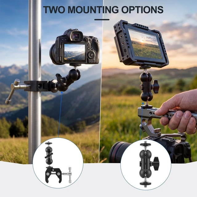 Alt view image 5 of 6 - 4 Pack Camera Mount Clamp with Ball Head Magic Arm, Single Clamp | 360° Adjustable, Dual Ball, Heavy Duty Super Clamps Mount Kit for DSLR Monitor LED Light Microphone, 1/4" and 3/8" Thread